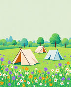Whimsical Floral Meadow Camping Scene Rug