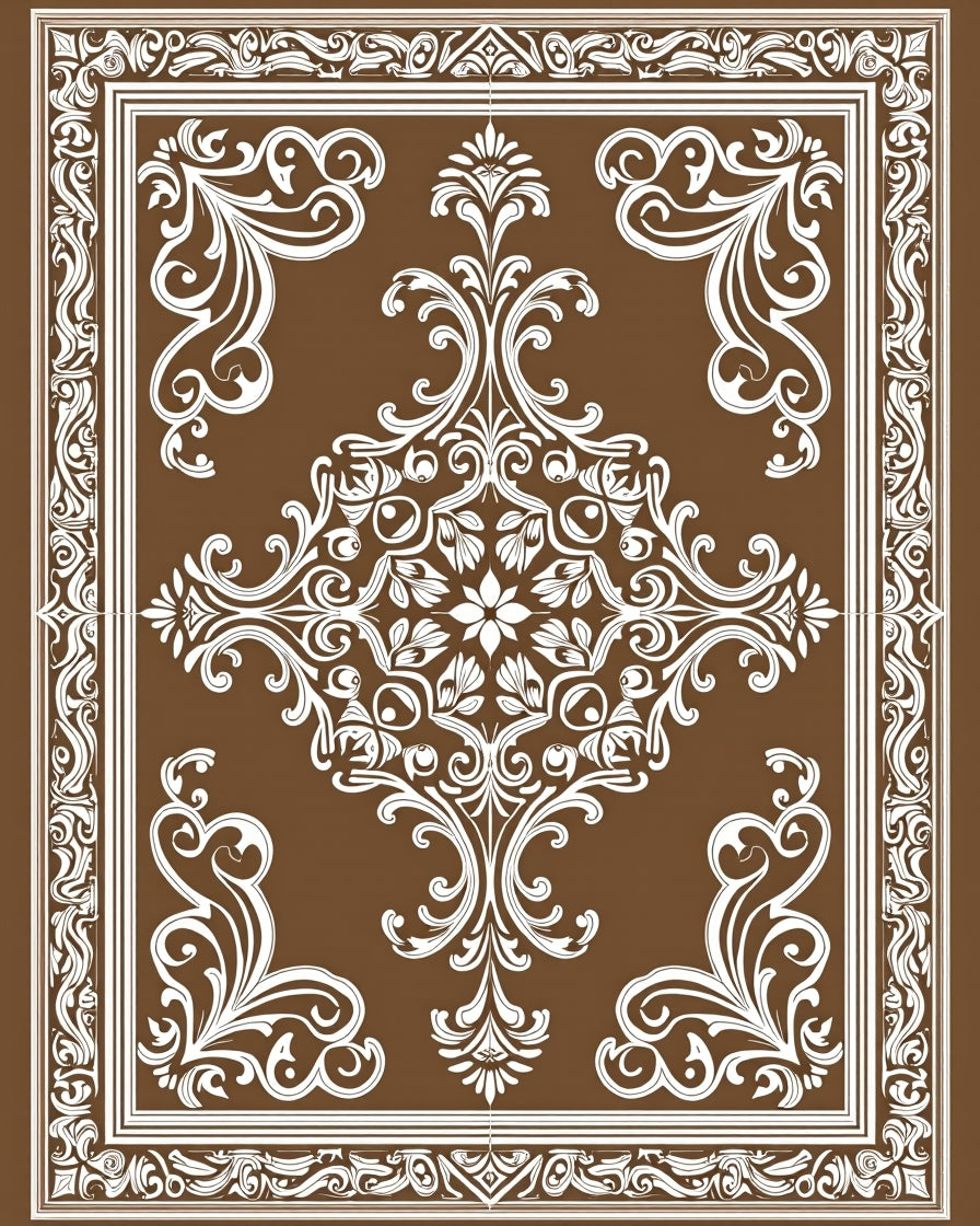 Brown White Filigree Damask Medallion Rug