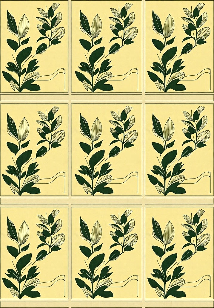 Dark Green Botanical Branch Yellow Square Rug