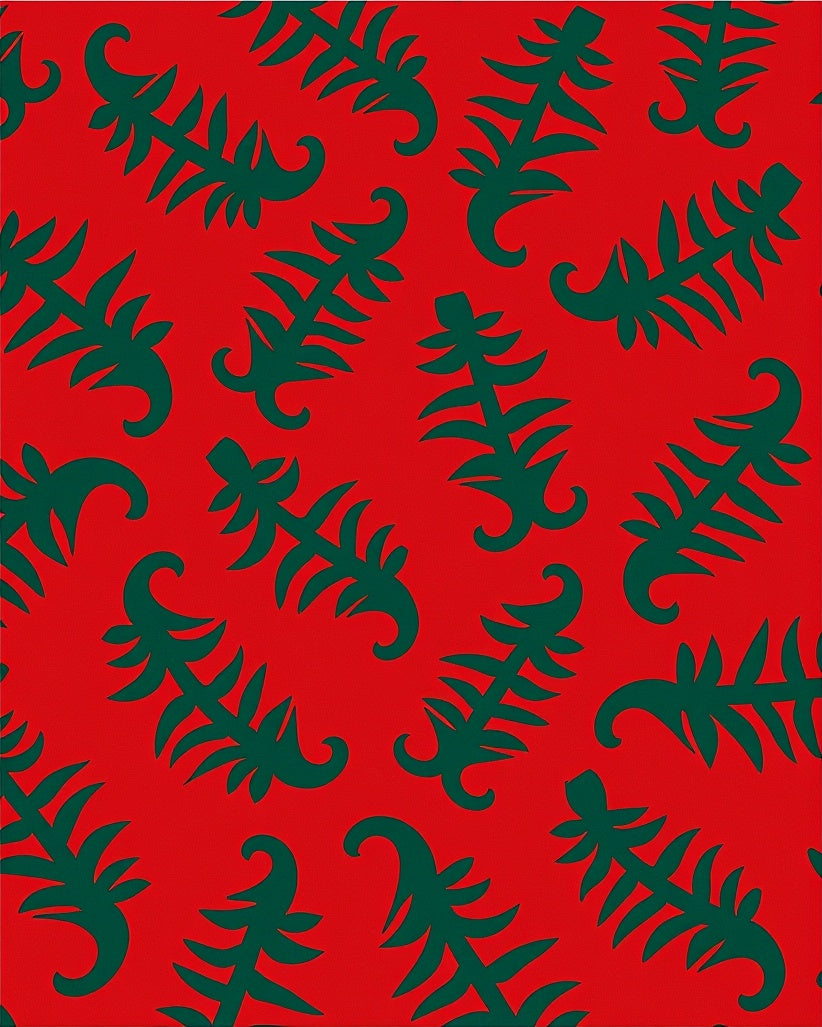 Bold Red Green Fern Foliage Rug