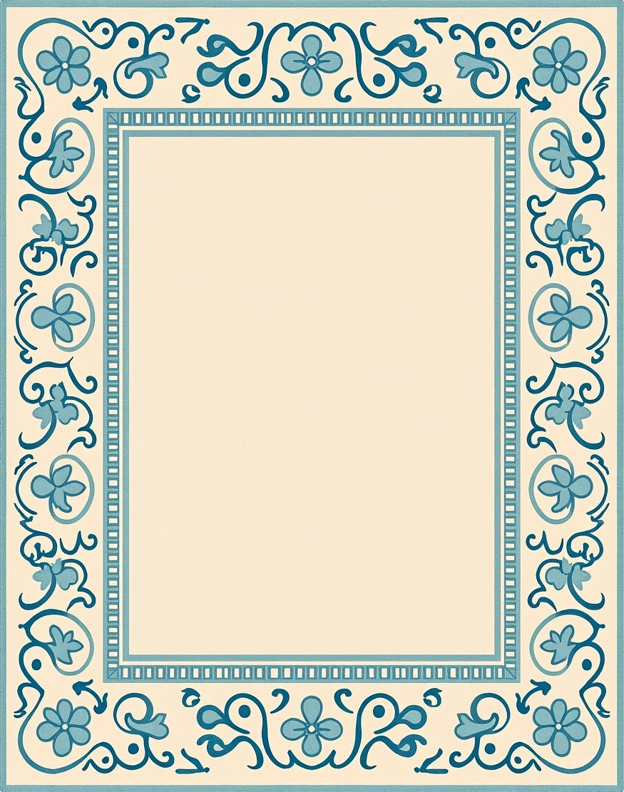 Cream Teal Floral Border Medallion Rug