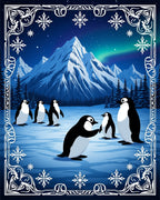 Winter Penguins Aurora Mountain Scene Rug