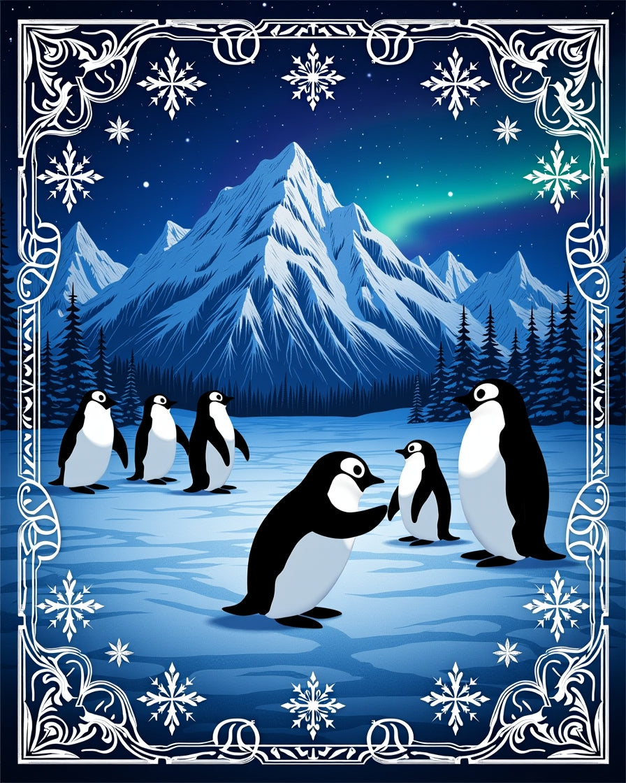 Winter Penguins Aurora Mountain Scene Rug