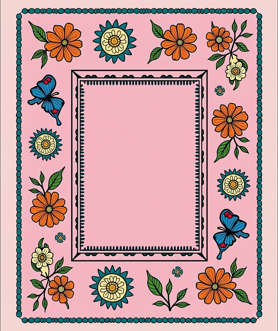 Pink Orange Floral Butterfly Border Rug