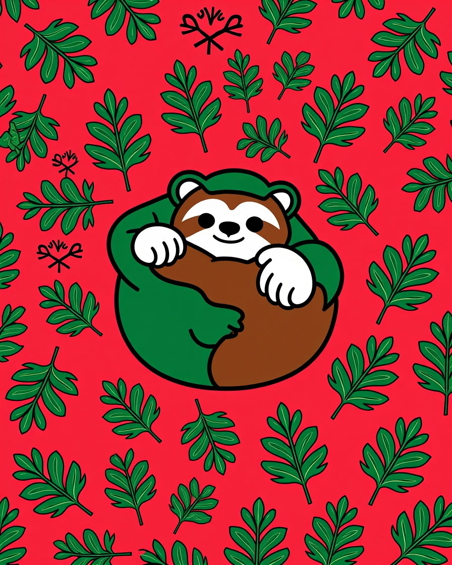 Whimsical Sloth Green Leaf Red Rug