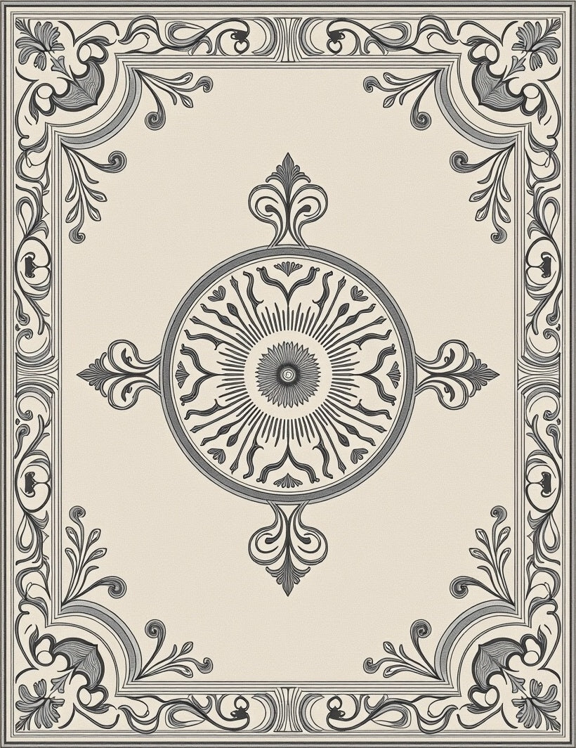 Antique Beige Black Medallion Border Rug