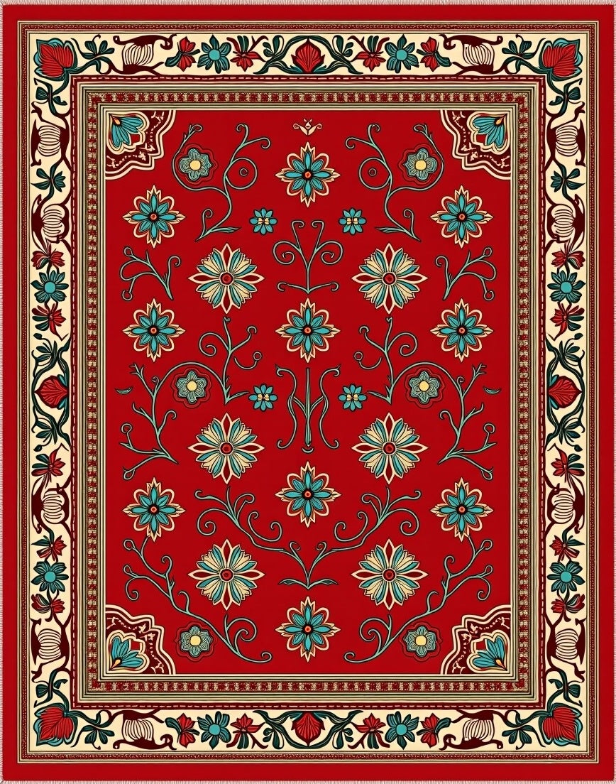 Crimson Floral Border Abundant Blooms Rug