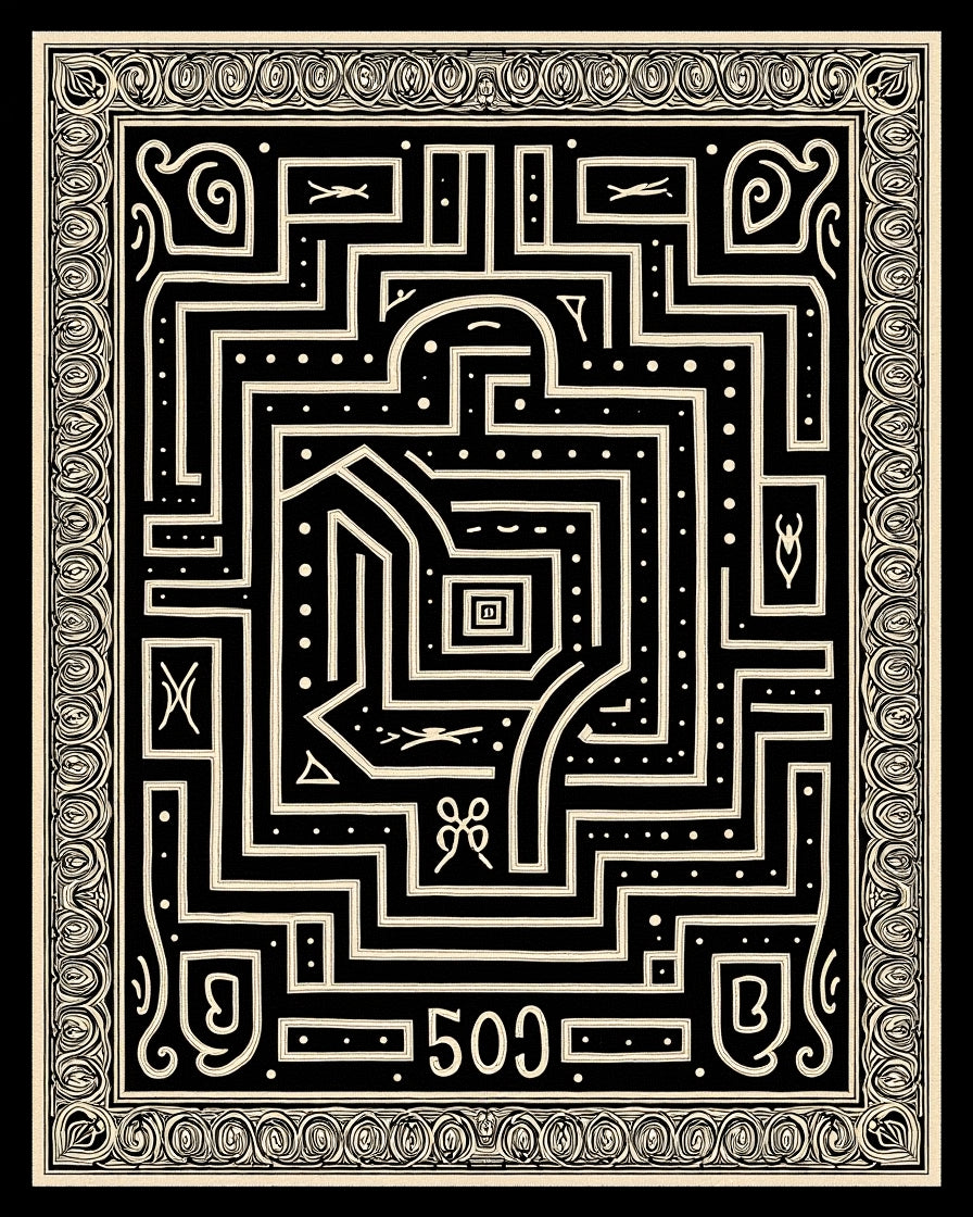 Black Cream Maze Line Art Rug