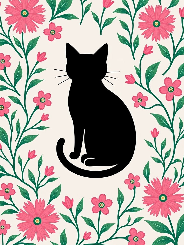 Black Cat Pink Floral Garland Rug