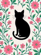Black Cat Pink Floral Garland Rug