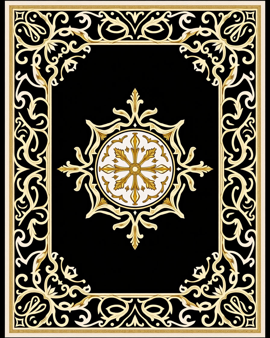 Golden Floral Black Medallion Frame Rug