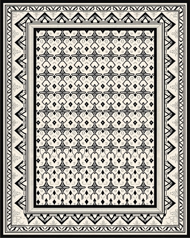 Eclectic Black And White Geometric Border Rug
