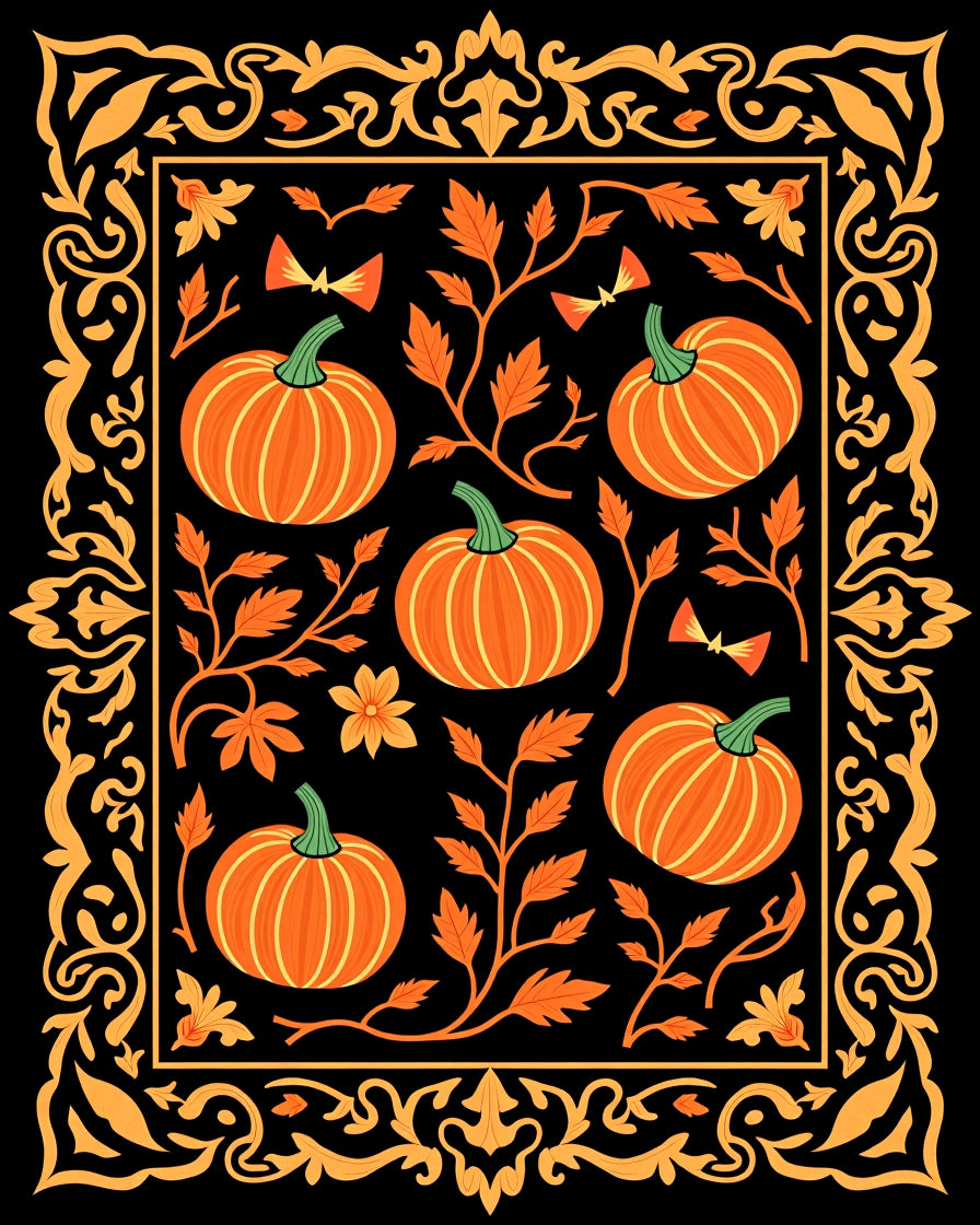 Orange Pumpkin Vine Bordered Rug