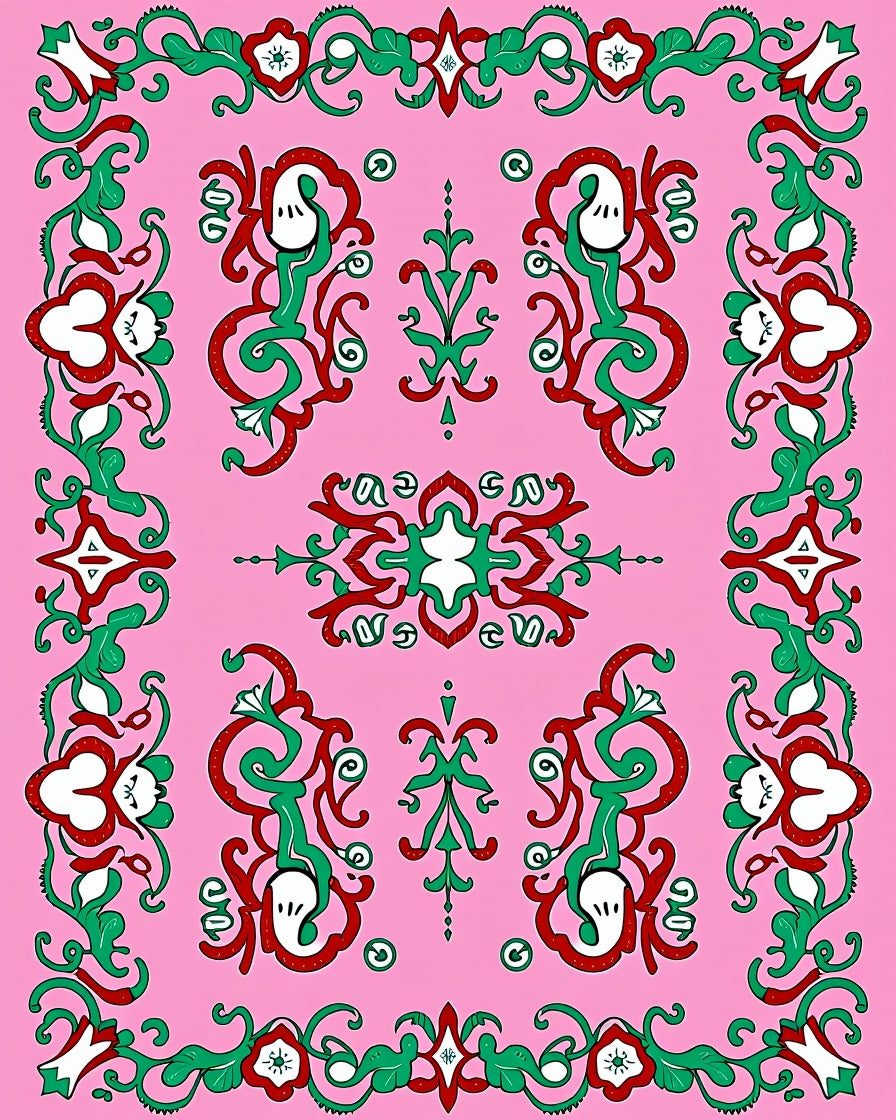 Pink Red Green Scroll Floral Border Rug