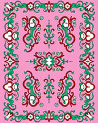 Pink Red Green Scroll Floral Border Rug