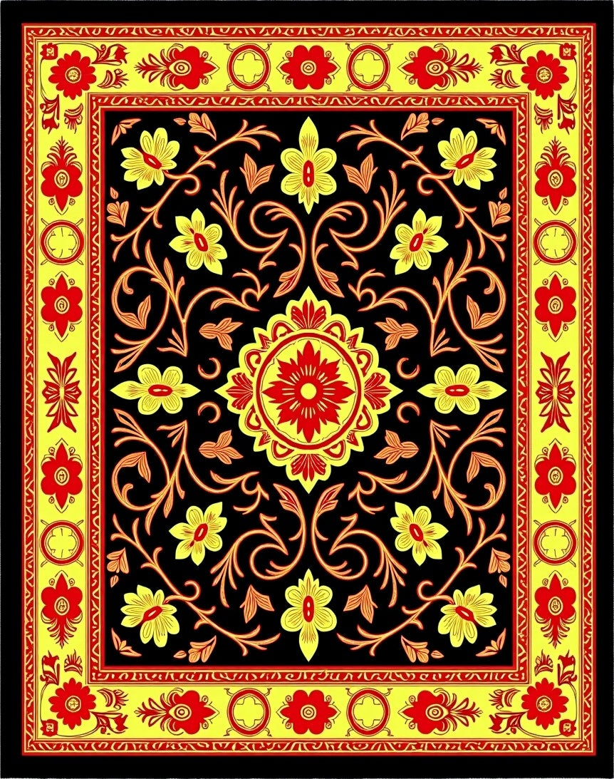 Vibrant Yellow Red Floral Medallion Garden Rug