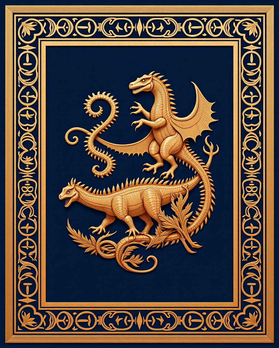 Golden Dragons Ornate Navy Border Rug