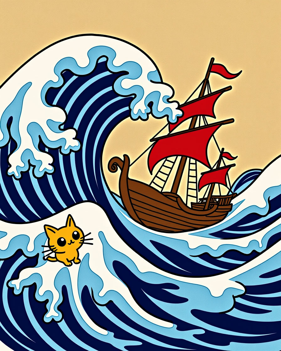 Whimsical Cat Ship Amidst Rolling Waves Rug