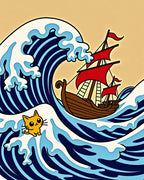 Whimsical Cat Ship Amidst Rolling Waves Rug