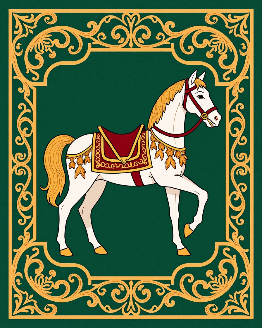 Elegant White Horse Golden Scroll Border Rug