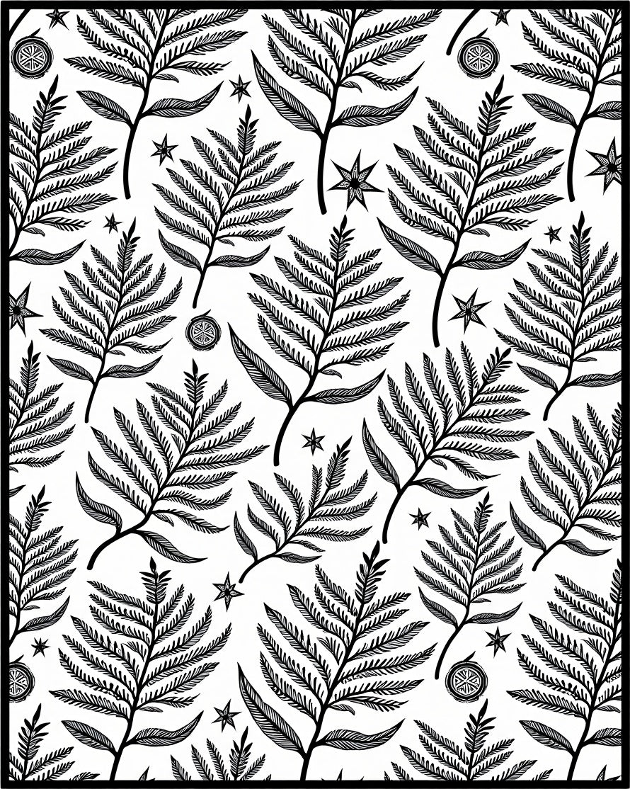 Black Fern and Star Botanical Art Rug