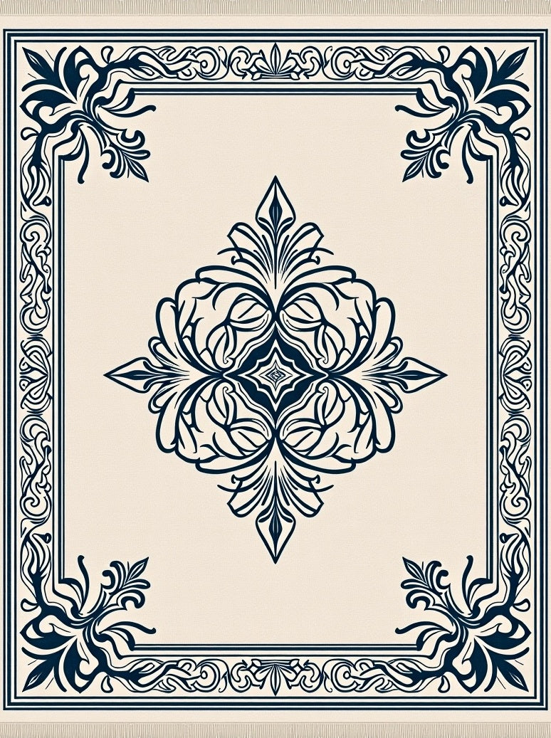 Cream Navy Floral Medallion Border Rug