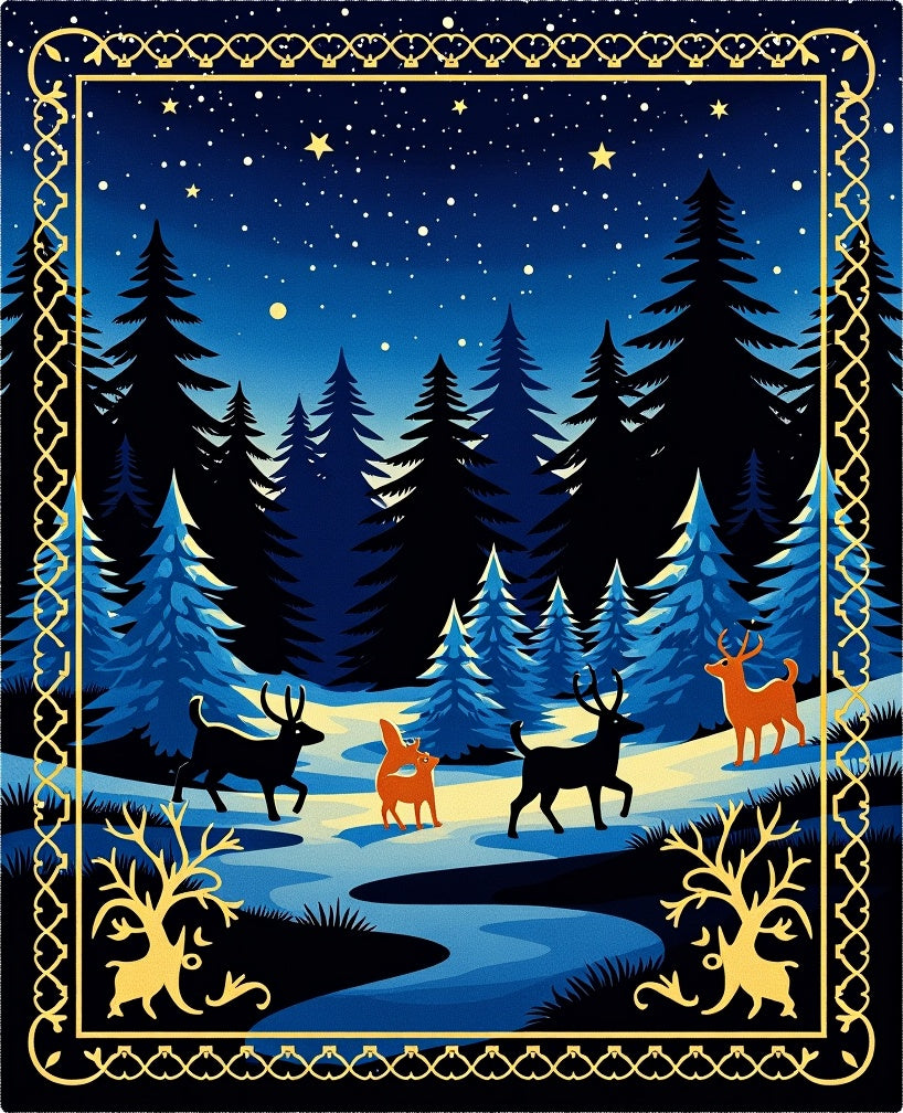 Midnight Forest Deer Starry Night Scene Rug