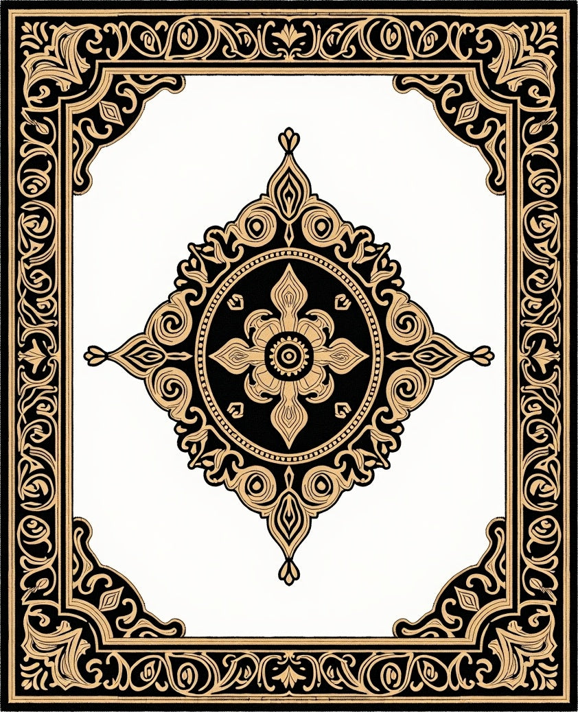 Intricate Black Gold Arabesque Mandala Rug