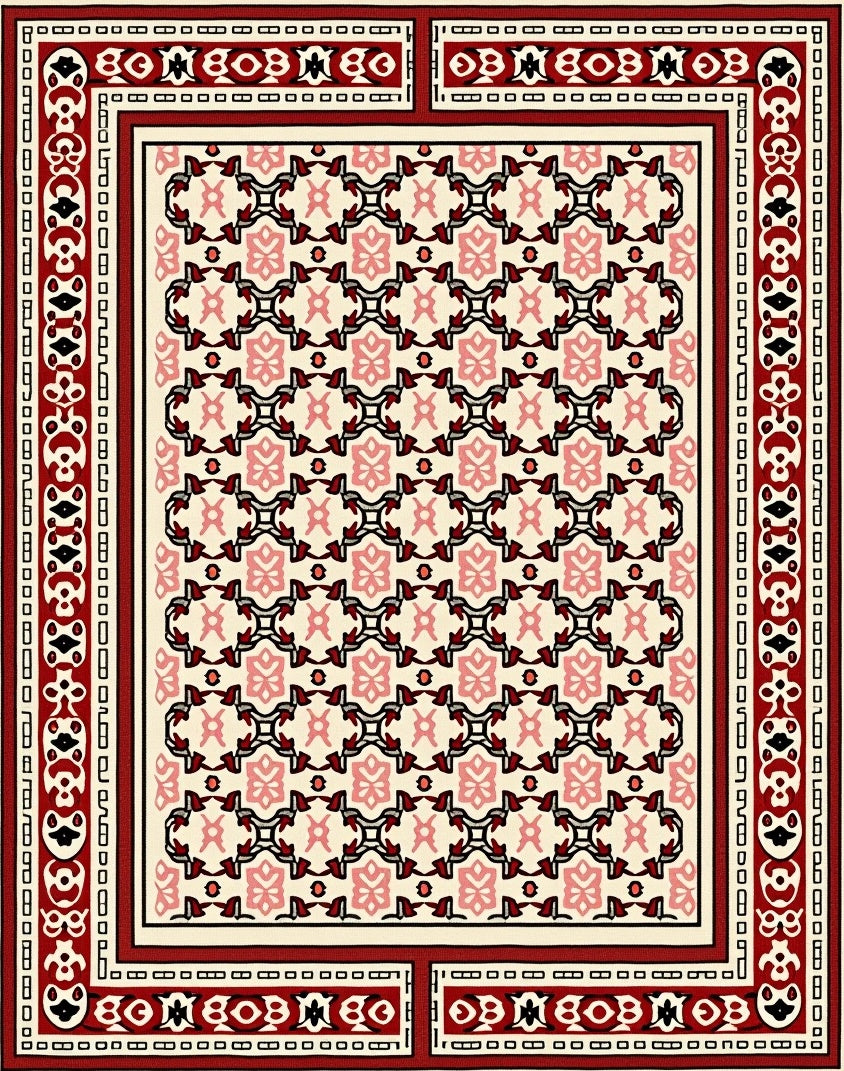 Crimson Floral Lattice Medallion Rug