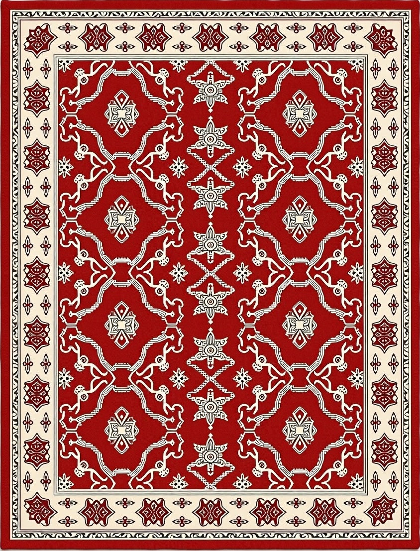 Crimson Cream Intricate Floral Frame Rug