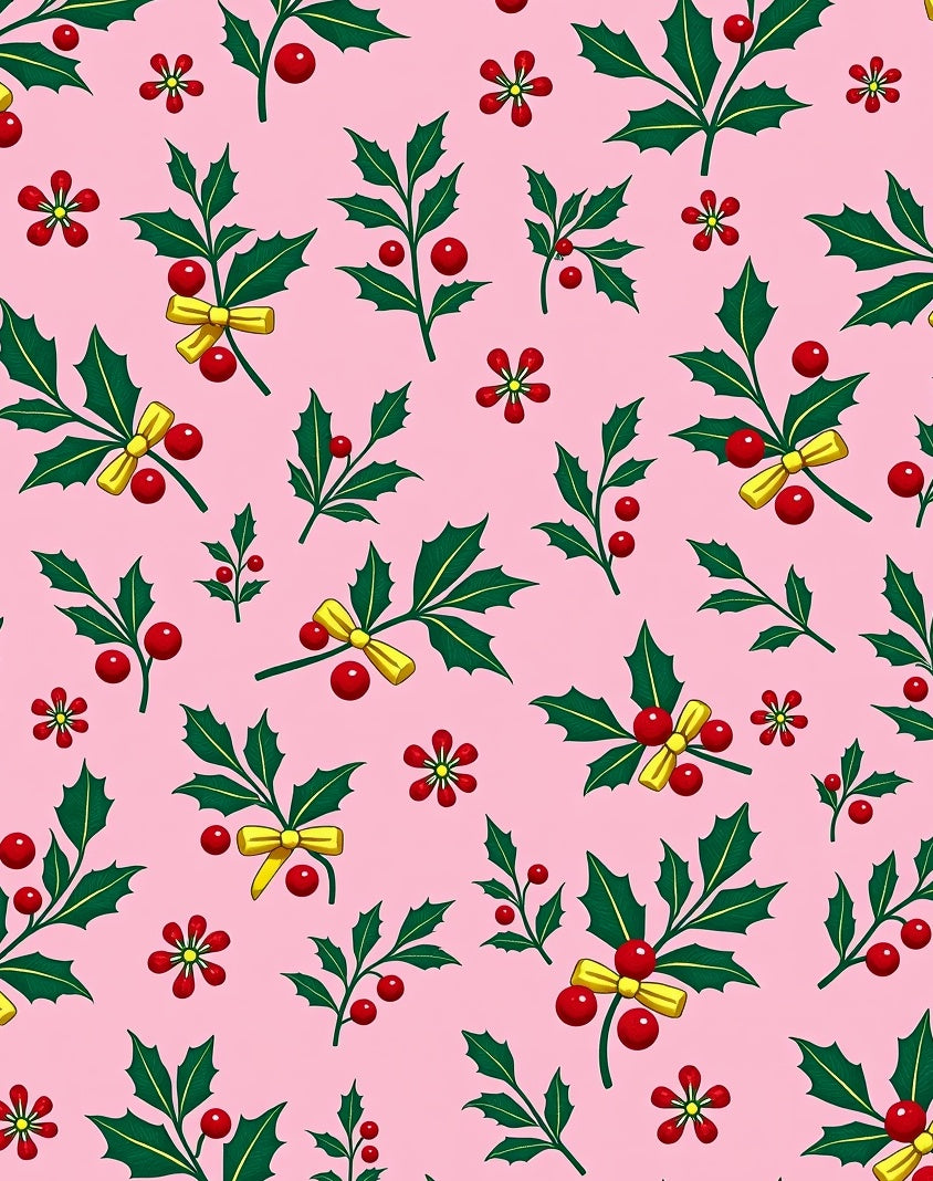 Pink Holly Berry Bow Festive Christmas Rug