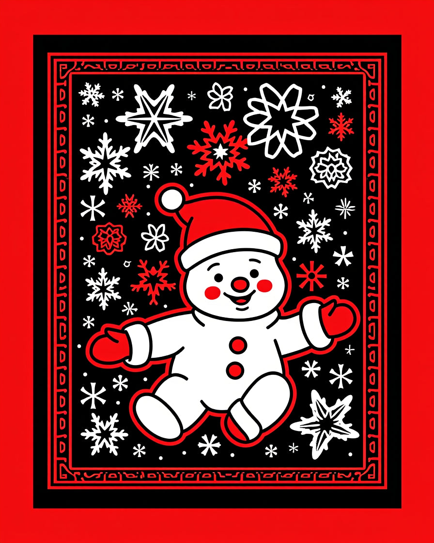 Joyful White Snowman Red Snowflakes Rug