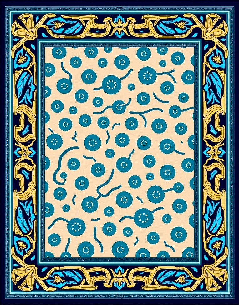 Teal Circles Curved Lines Bordered Field Rug