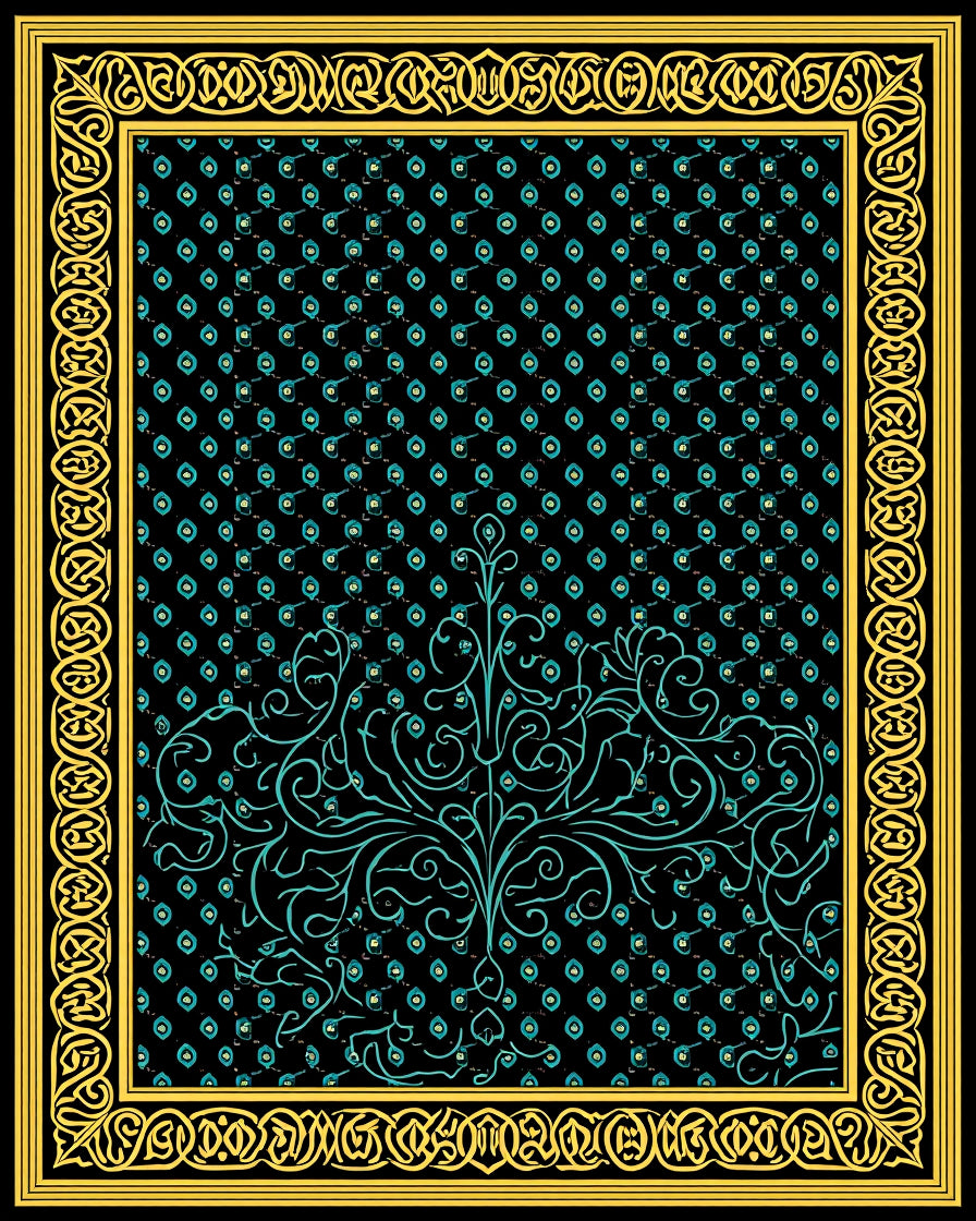 Black Teal Scroll Garden Frame Rug