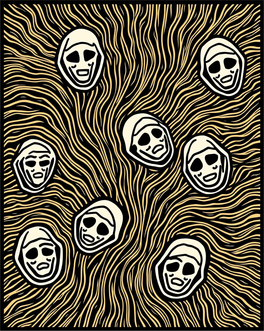 Grotesque Faces Yellow Wavy Background Rug