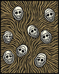 Grotesque Faces Yellow Wavy Background Rug