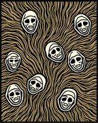 Grotesque Faces Yellow Wavy Background Rug
