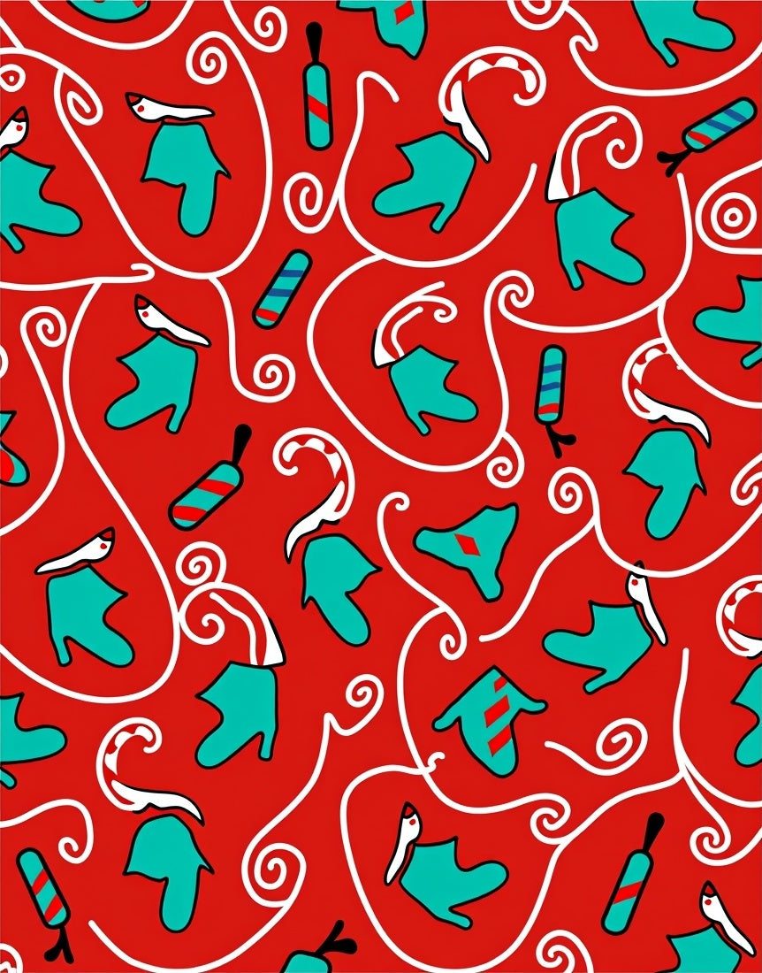 Red Teal White Swirl Abstract Shapes Rug