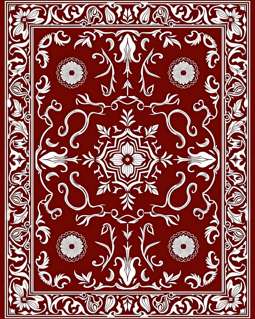 Deep Red White Floral Medallion Border Rug