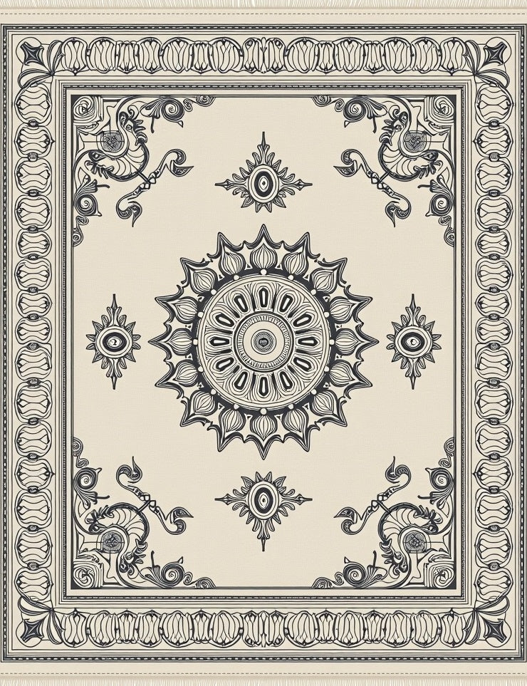 Ivory Black Medallion Border Framing Rug