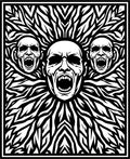 Tribal Screaming Faces Black White Rug