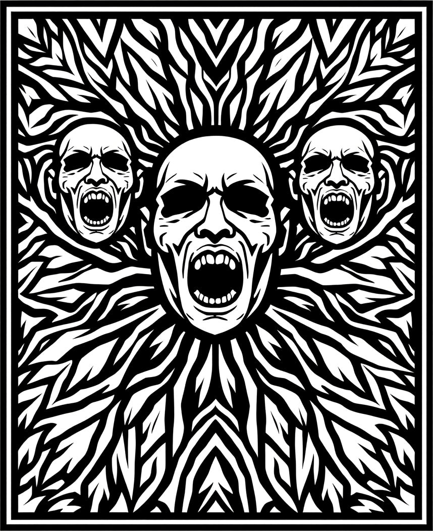 Tribal Screaming Faces Black White Rug