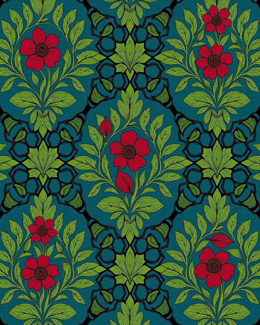 Crimson floral vine on teal Rug