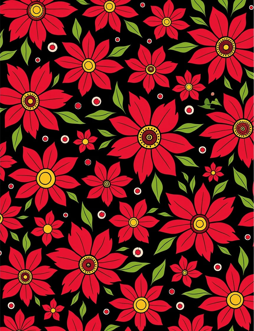 Bold Red Floral Garden Black Rug