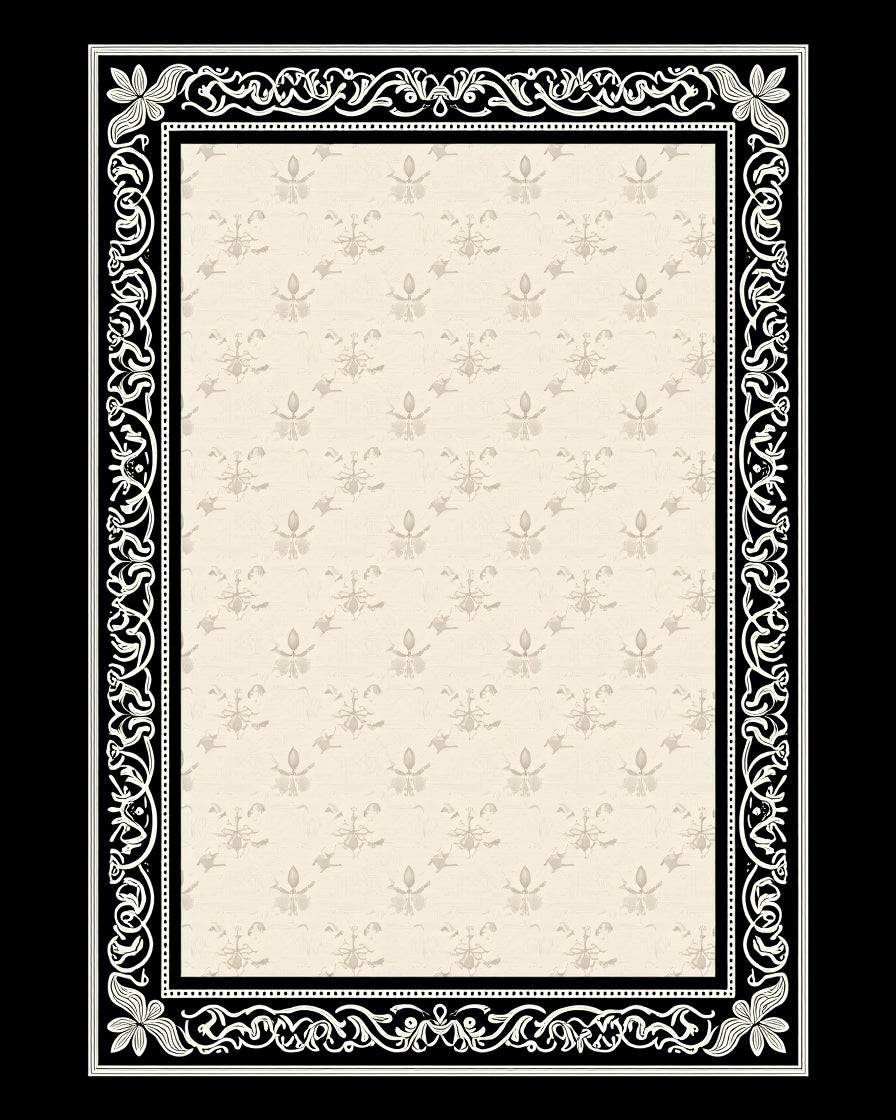 Vintage Cream and Black Floral Border Rug