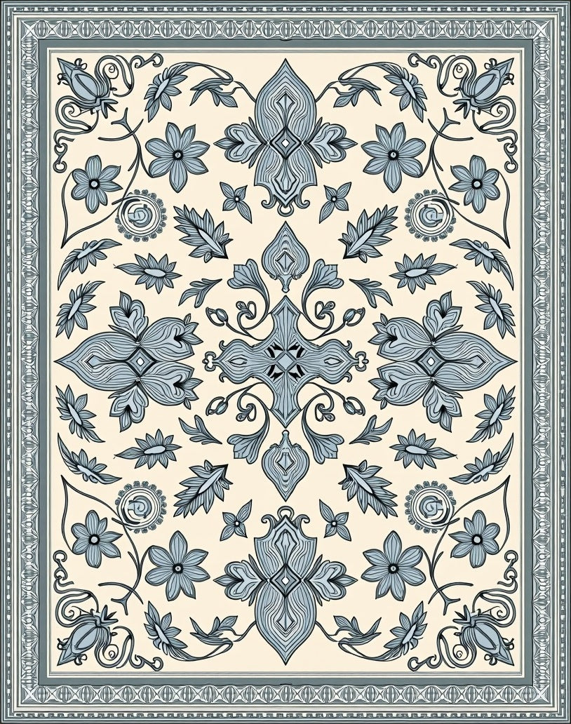 Pale Blue Floral Medallion Border Rug