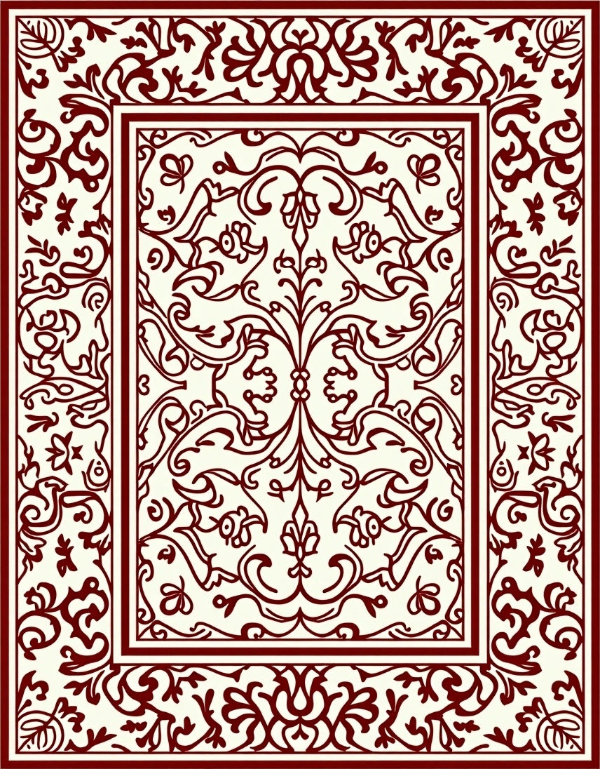 Ornate Vine Damask Border Rug