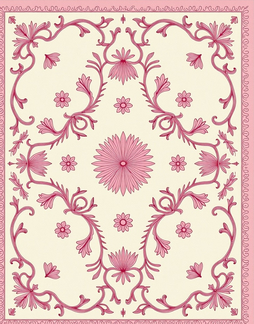 Pink Floral Medallion Scrolls Cream Rug
