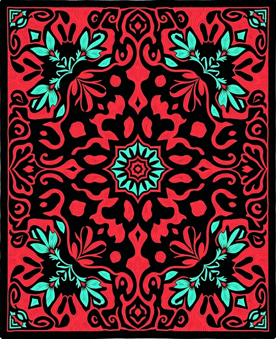 Coral Aqua Black Floral Medallion Rug
