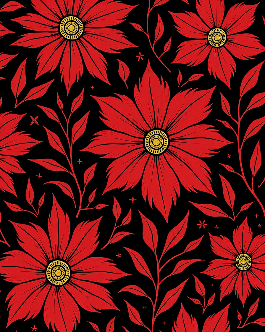 Bold Red Floral Black Background Rug